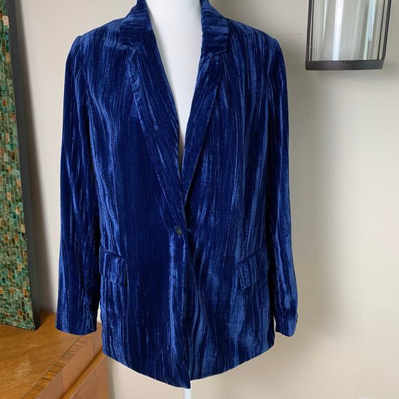 One Drop Size M Women's Crushed Velvet Blazer Jacket Royal Blue Holiday Party - Picture 2 of 12